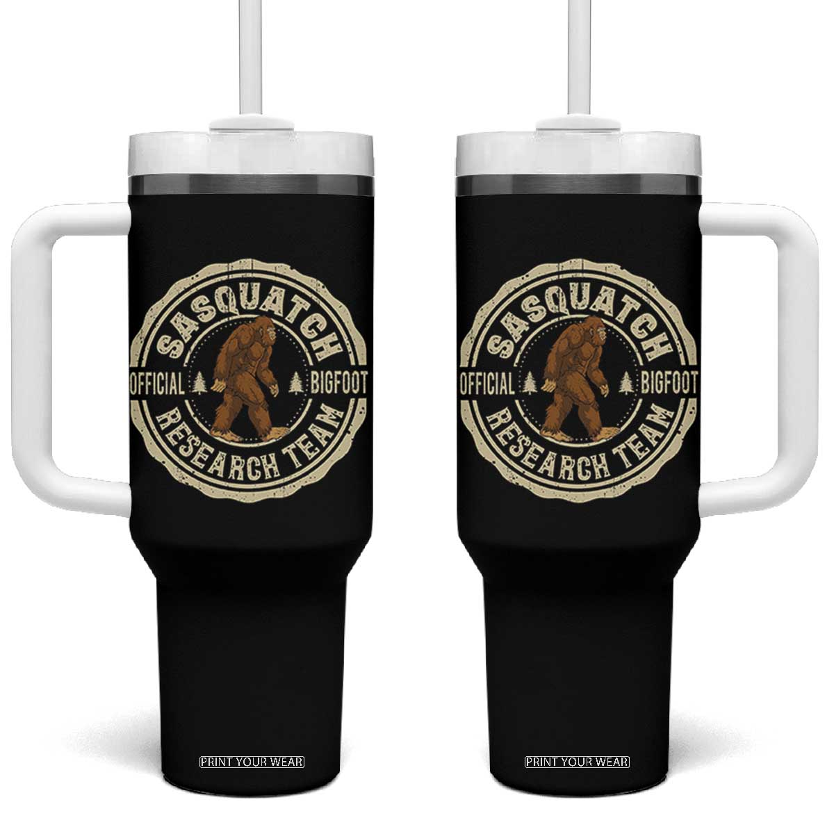 Funny Bigfoot Research Team Tumbler With Handle Retro Official Sasquatch Forest Stroll TS11 One Size: 40 oz Black Print Your Wear