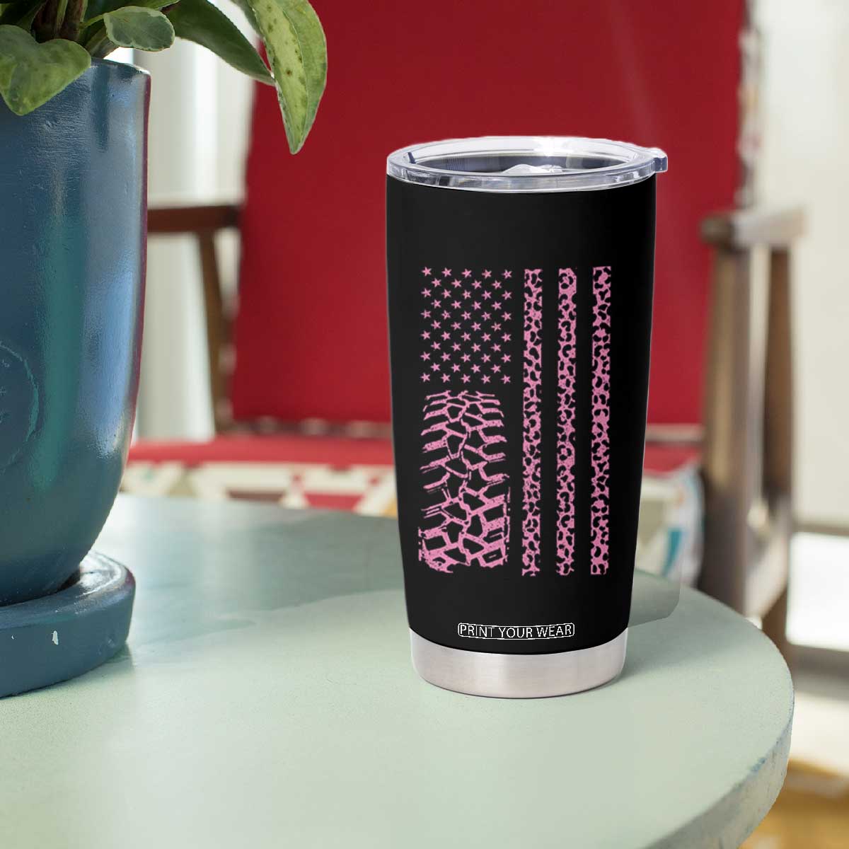 Off Road Car Wheel Pink Leopard Print American Flag Tumbler Cup TS11 Print Your Wear