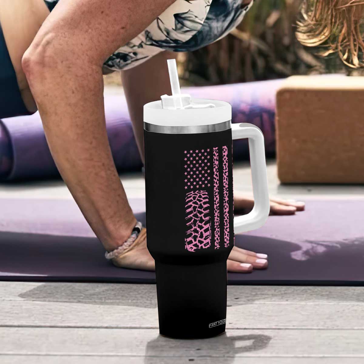 Off Road Car Wheel Pink Leopard Print American Flag Tumbler With Handle TS11 Print Your Wear
