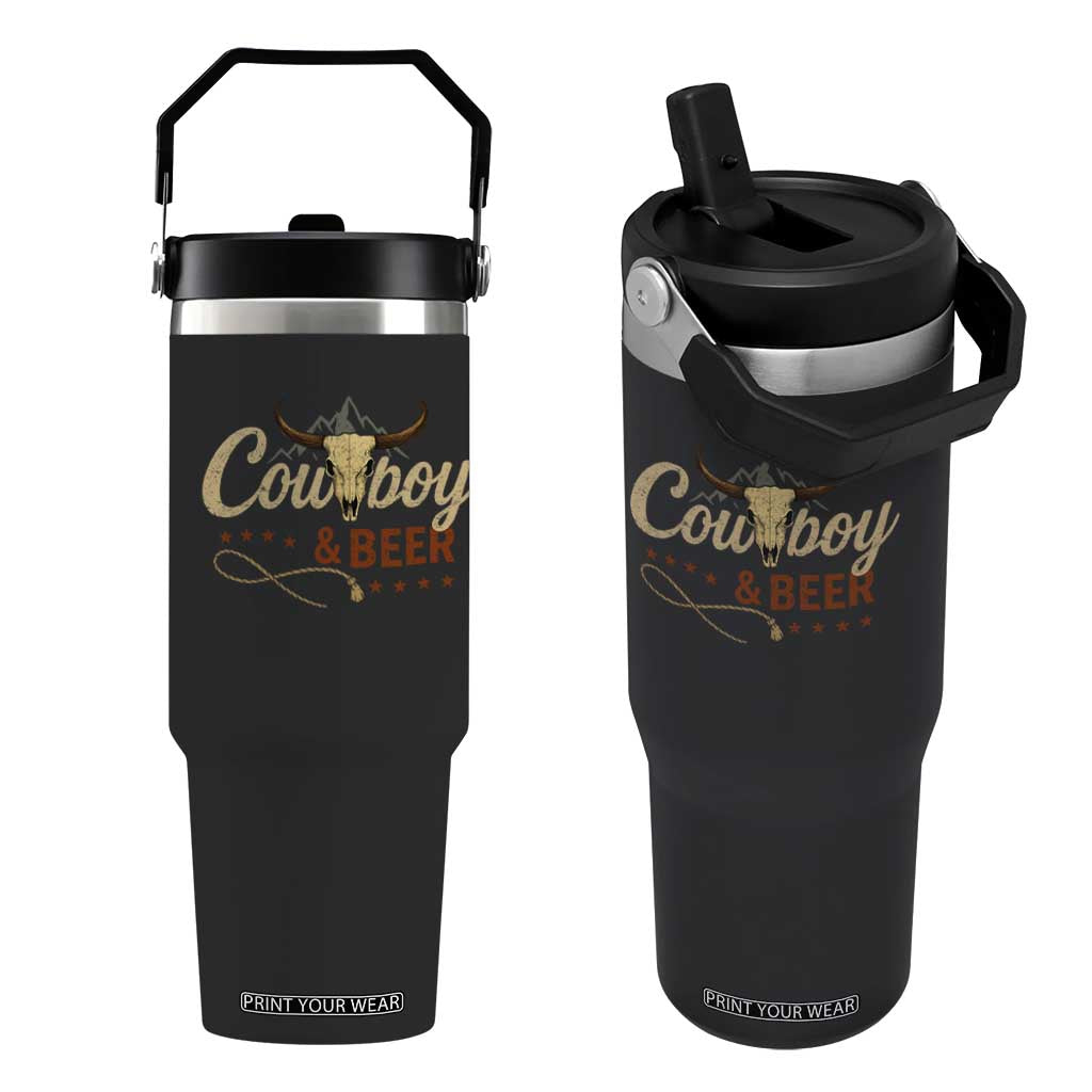 Funny Cowboy And Beer Flip Straw Tumbler Western Country Music Longhorn Skull TS11 One Size: 30 oz Black Print Your Wear