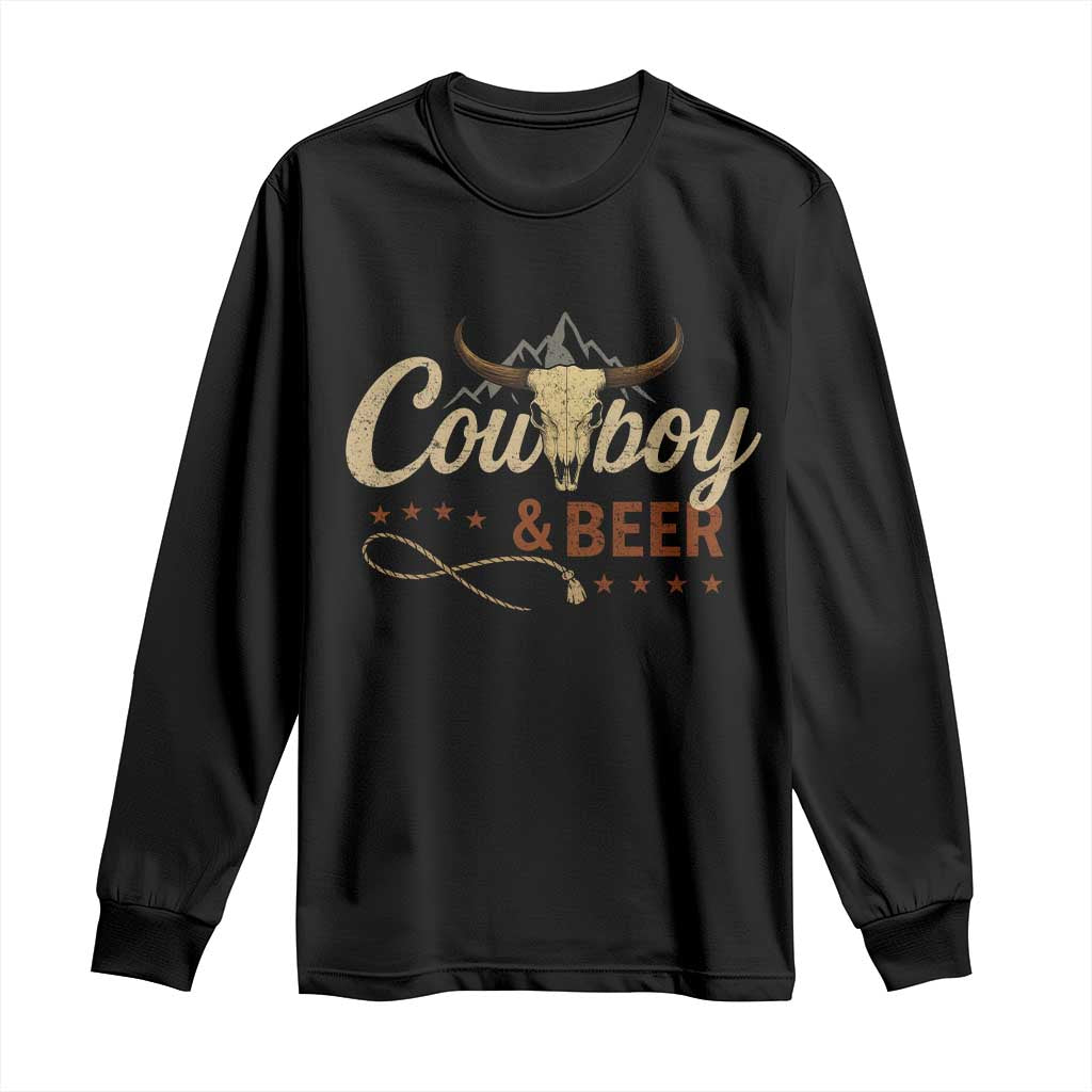 Funny Cowboy And Beer Long Sleeve Shirt Western Country Music Longhorn Skull TS11 Black Print Your Wear
