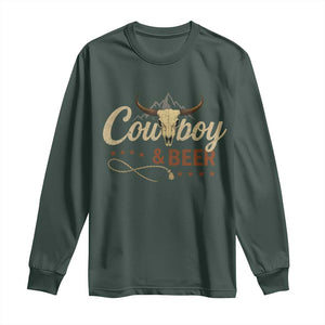 Funny Cowboy And Beer Long Sleeve Shirt Western Country Music Longhorn Skull TS11 Dark Forest Green Print Your Wear