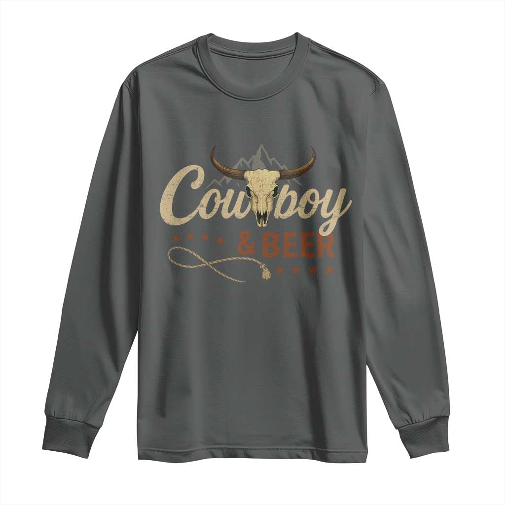 Funny Cowboy And Beer Long Sleeve Shirt Western Country Music Longhorn Skull TS11 Dark Heather Print Your Wear