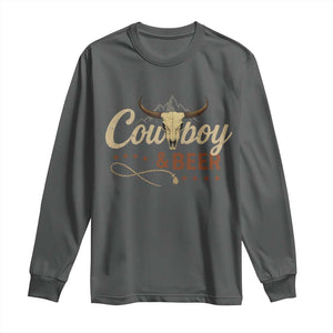 Funny Cowboy And Beer Long Sleeve Shirt Western Country Music Longhorn Skull TS11 Dark Heather Print Your Wear