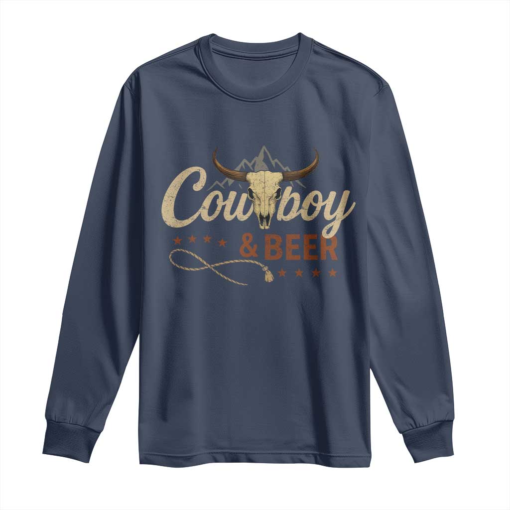 Funny Cowboy And Beer Long Sleeve Shirt Western Country Music Longhorn Skull TS11 Navy Print Your Wear