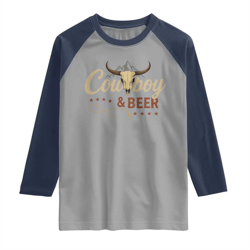Funny Cowboy And Beer Raglan Shirt Western Country Music Longhorn Skull TS11 Sport Gray Navy Print Your Wear