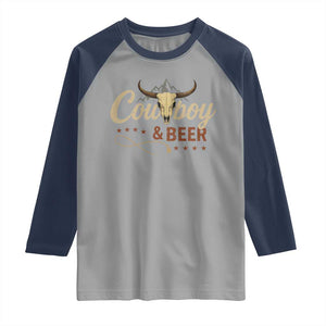 Funny Cowboy And Beer Raglan Shirt Western Country Music Longhorn Skull TS11 Sport Gray Navy Print Your Wear
