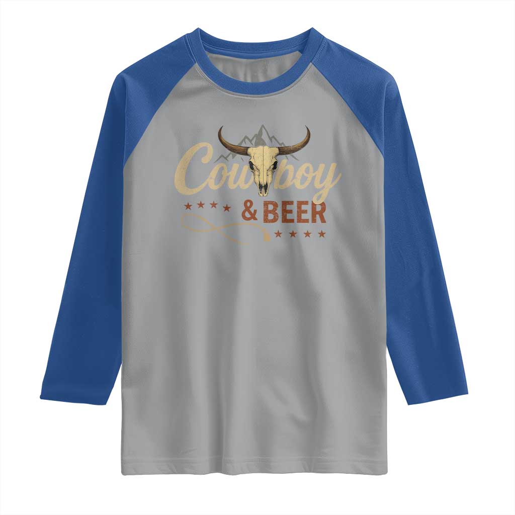 Funny Cowboy And Beer Raglan Shirt Western Country Music Longhorn Skull TS11 Sport Gray Royal Print Your Wear