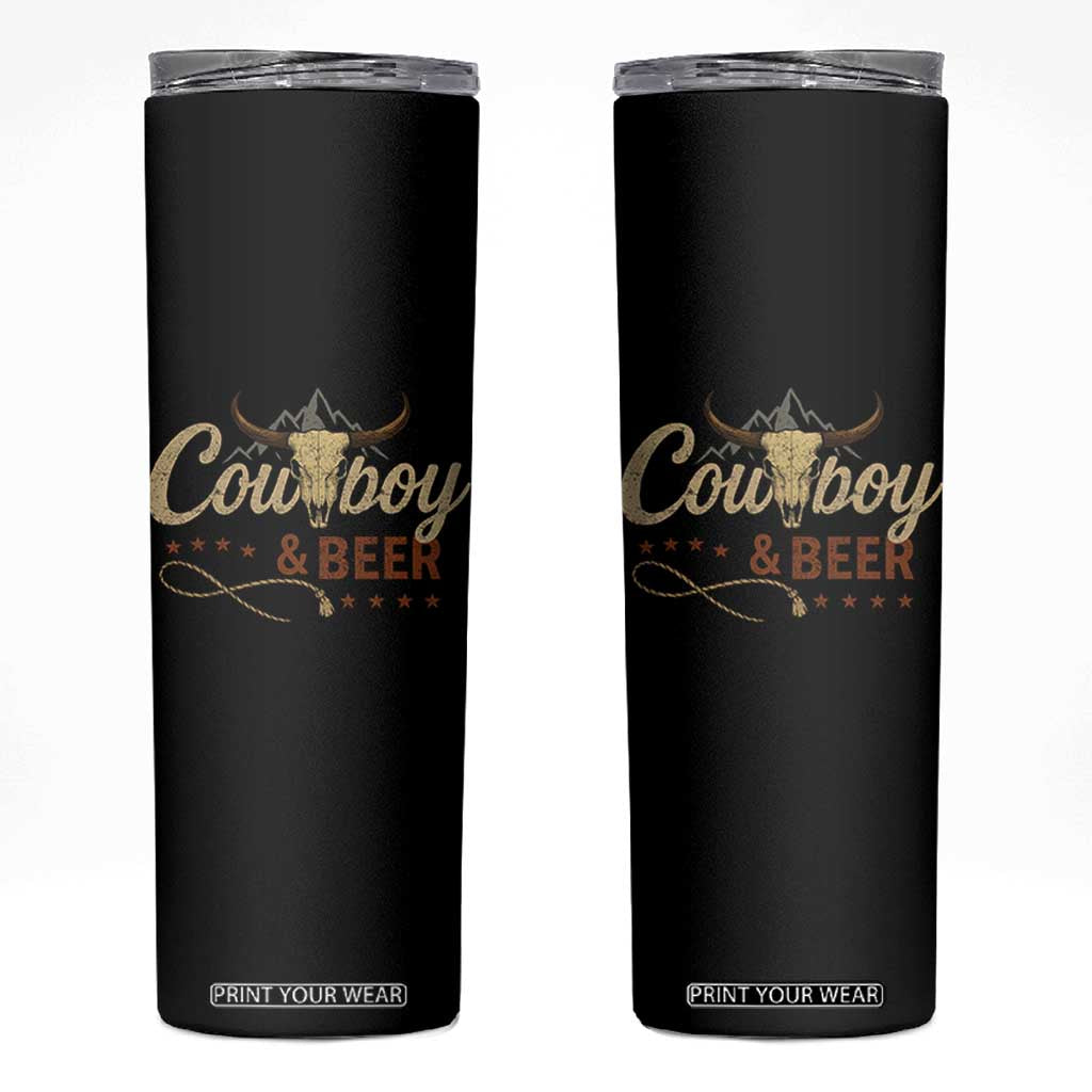 Funny Cowboy And Beer Skinny Tumbler Western Country Music Longhorn Skull TS11 Black Print Your Wear