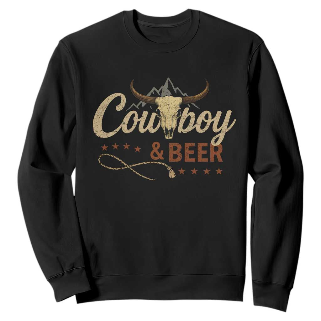 Funny Cowboy And Beer Sweatshirt Western Country Music Longhorn Skull TS11 Black Print Your Wear