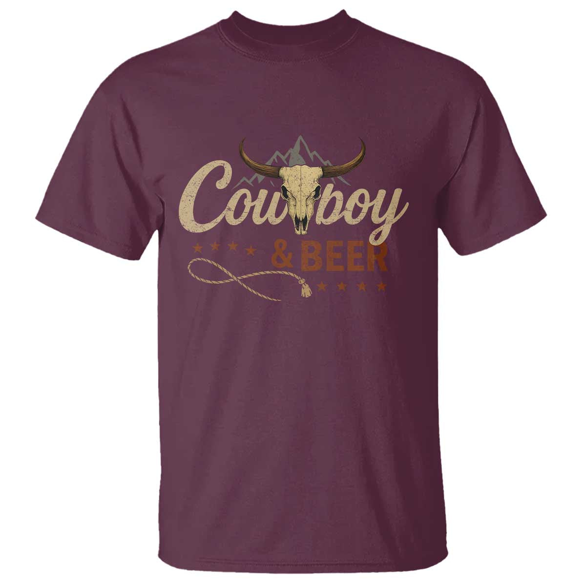 Funny Cowboy And Beer T Shirt Western Country Music Longhorn Skull TS11 Maroon Print Your Wear