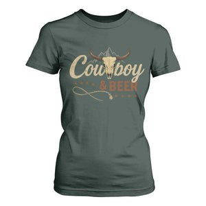 Funny Cowboy And Beer T Shirt For Women Western Country Music Longhorn Skull TS11 Dark Forest Green Print Your Wear