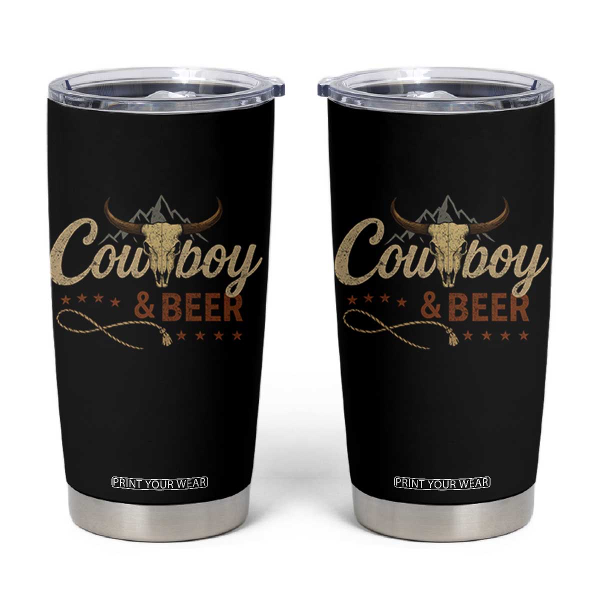 Funny Cowboy And Beer Tumbler Cup Western Country Music Longhorn Skull TS11 Black Print Your Wear