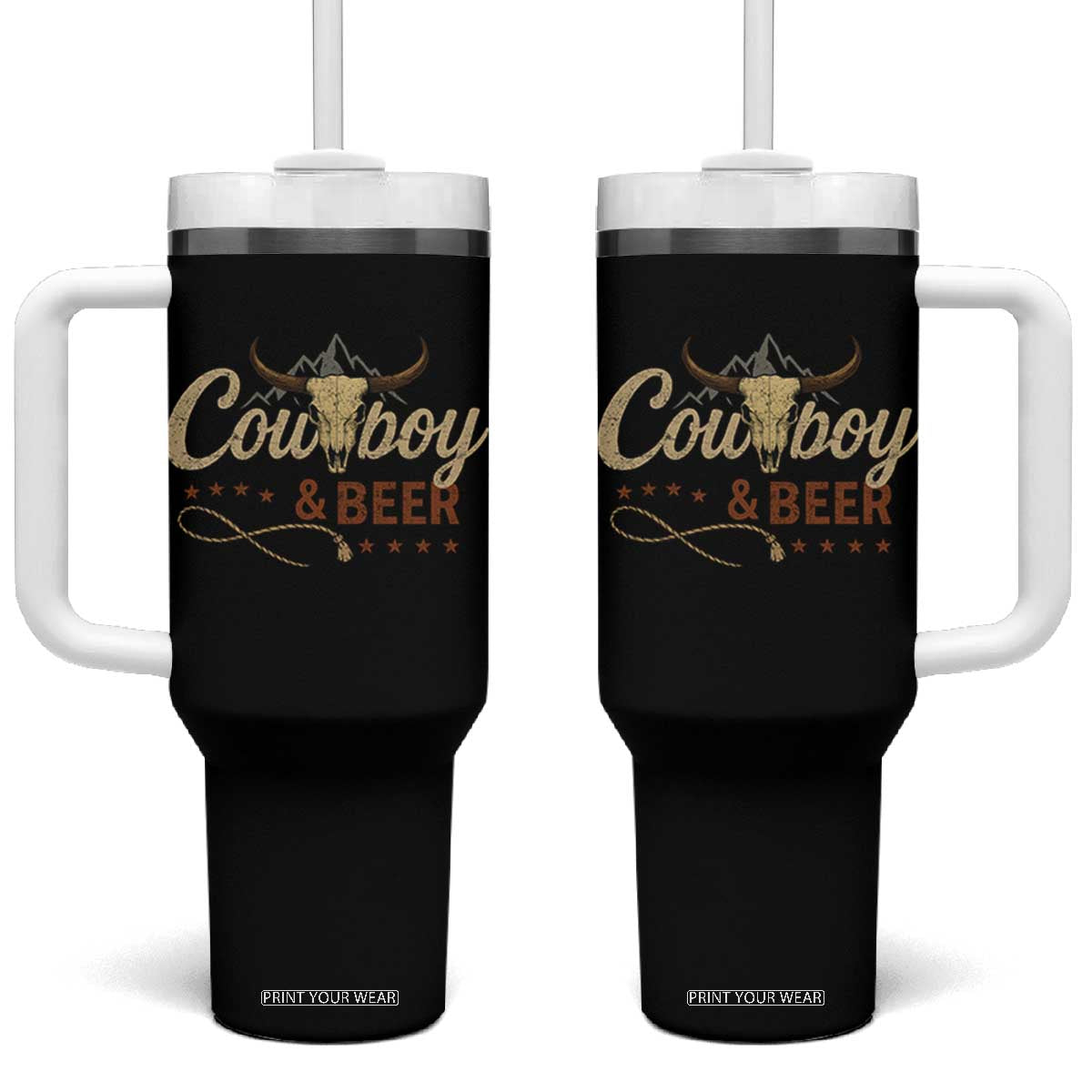 Funny Cowboy And Beer Tumbler With Handle Western Country Music Longhorn Skull TS11 One Size: 40 oz Black Print Your Wear
