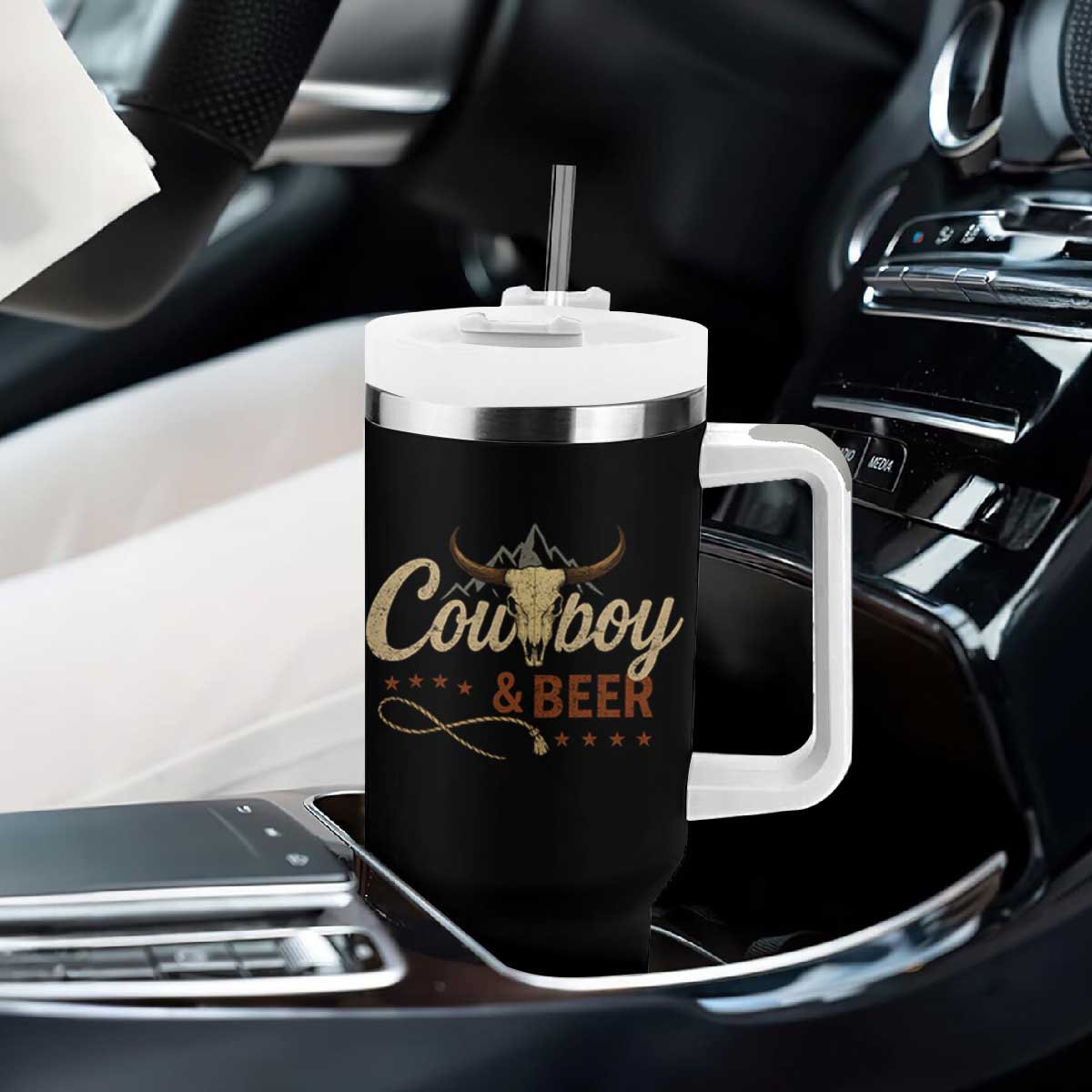 Funny Cowboy And Beer Tumbler With Handle Western Country Music Longhorn Skull TS11 Print Your Wear