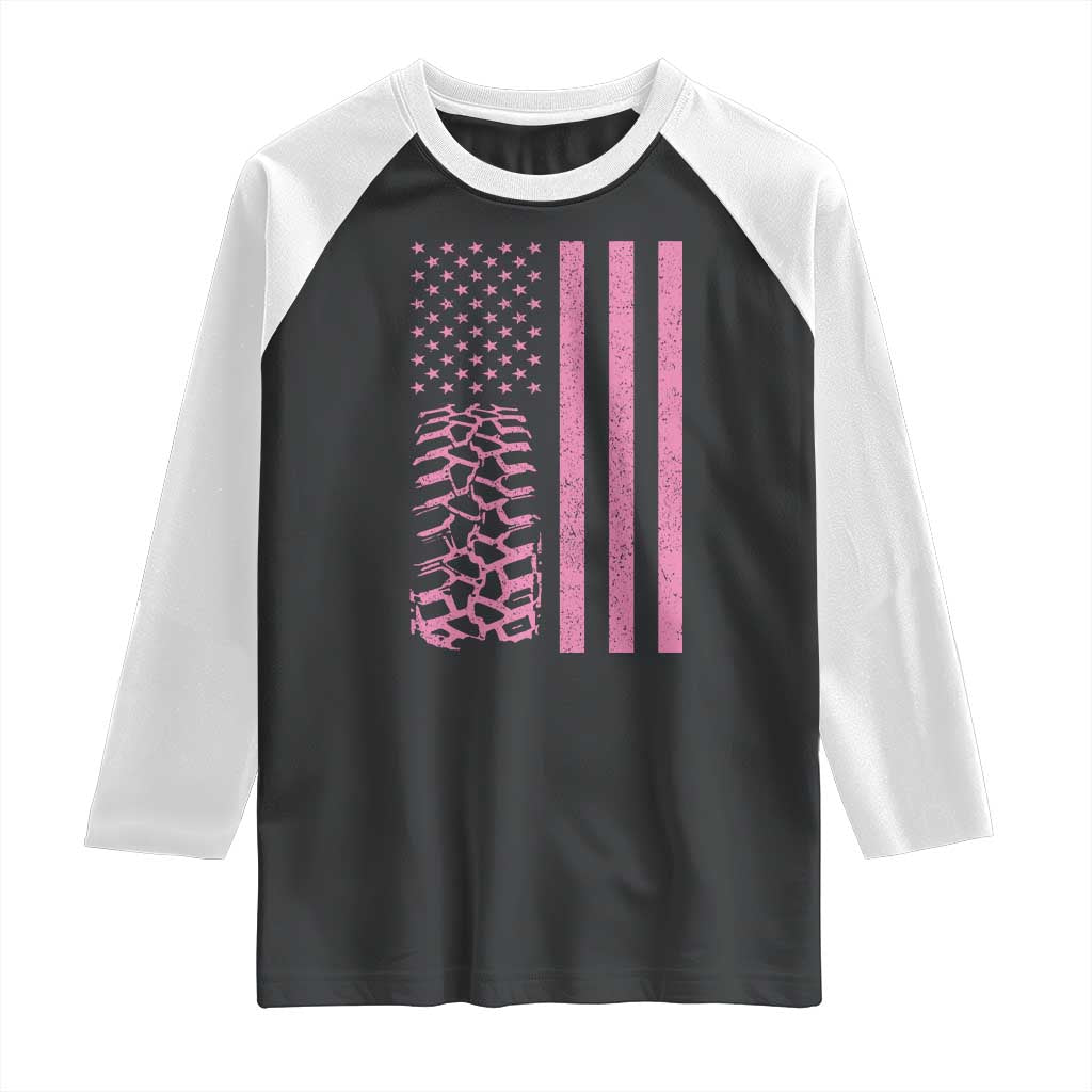 Off Road Car Wheel Vintage Pink American Flag Raglan Shirt TS11 Black White Print Your Wear