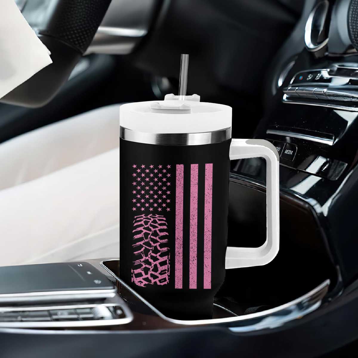 Off Road Car Wheel Vintage Pink American Flag Tumbler With Handle TS11 Print Your Wear