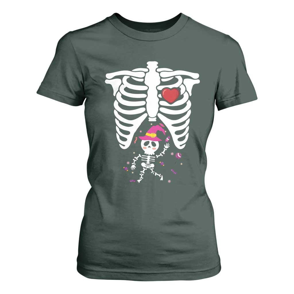 Pregnancy Announcement T Shirt For Women Halloween Witch Skeleton Monster Baby Pregnant Candy TS11 Dark Forest Green Print Your Wear