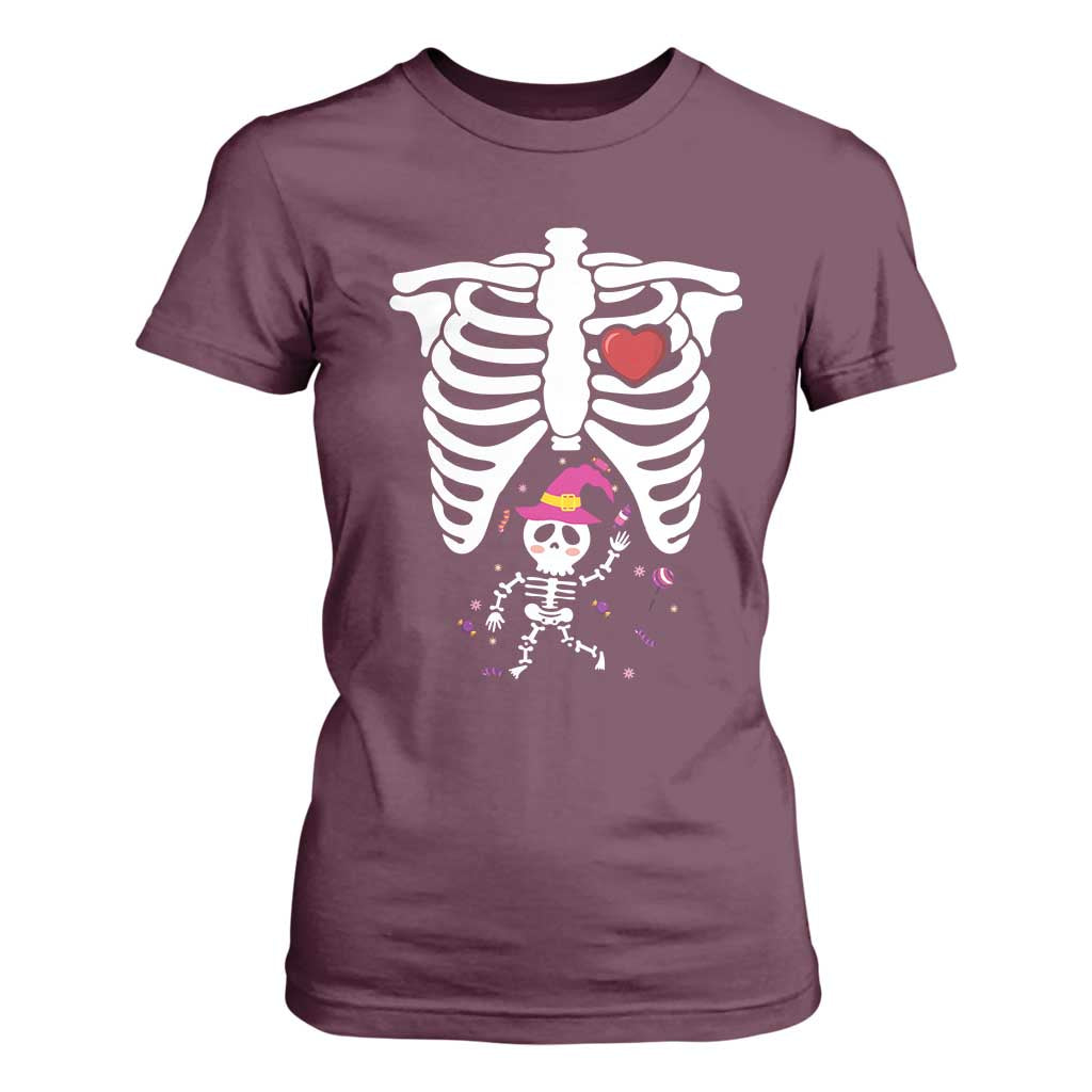 Pregnancy Announcement T Shirt For Women Halloween Witch Skeleton Monster Baby Pregnant Candy TS11 Maroon Print Your Wear