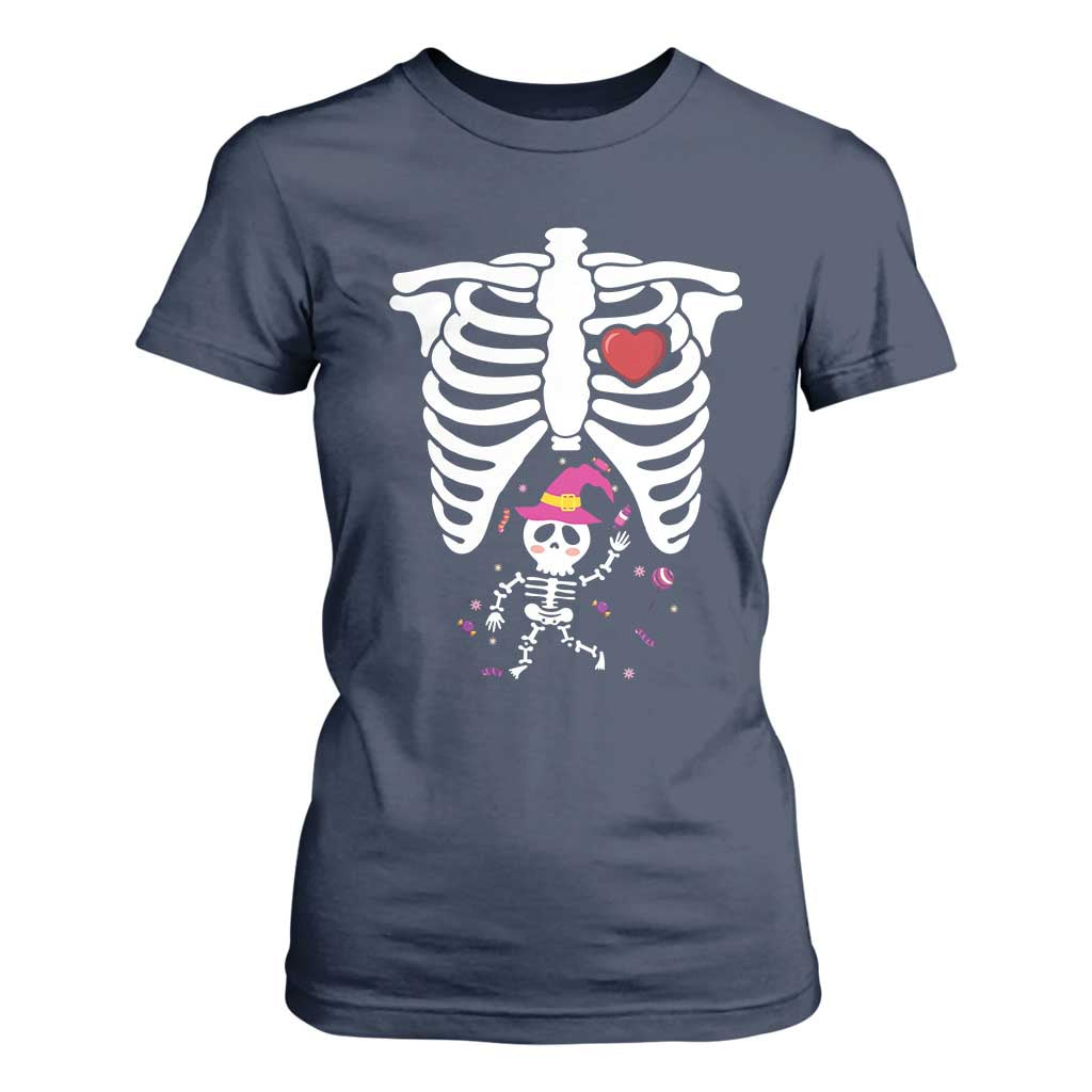 Pregnancy Announcement T Shirt For Women Halloween Witch Skeleton Monster Baby Pregnant Candy TS11 Navy Print Your Wear
