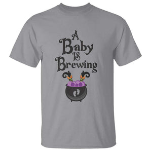 Funny Halloween Pregnancy Announcement T Shirt A Baby Is Brewing Witch Cauldron Footprint Pregnant Baby TS11 Sport Gray Print Your Wear