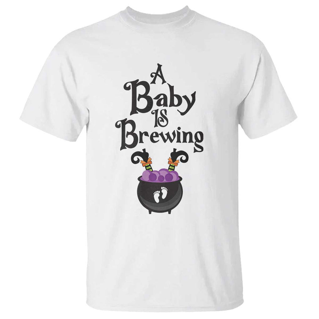 Funny Halloween Pregnancy Announcement T Shirt A Baby Is Brewing Witch Cauldron Footprint Pregnant Baby TS11 White Print Your Wear