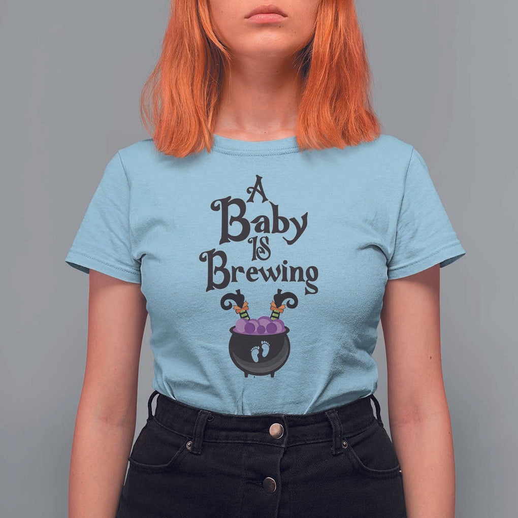 Funny Halloween Pregnancy Announcement T Shirt For Women A Baby Is Brewing Witch Cauldron Footprint Pregnant Baby TS11 Light Blue Print Your Wear
