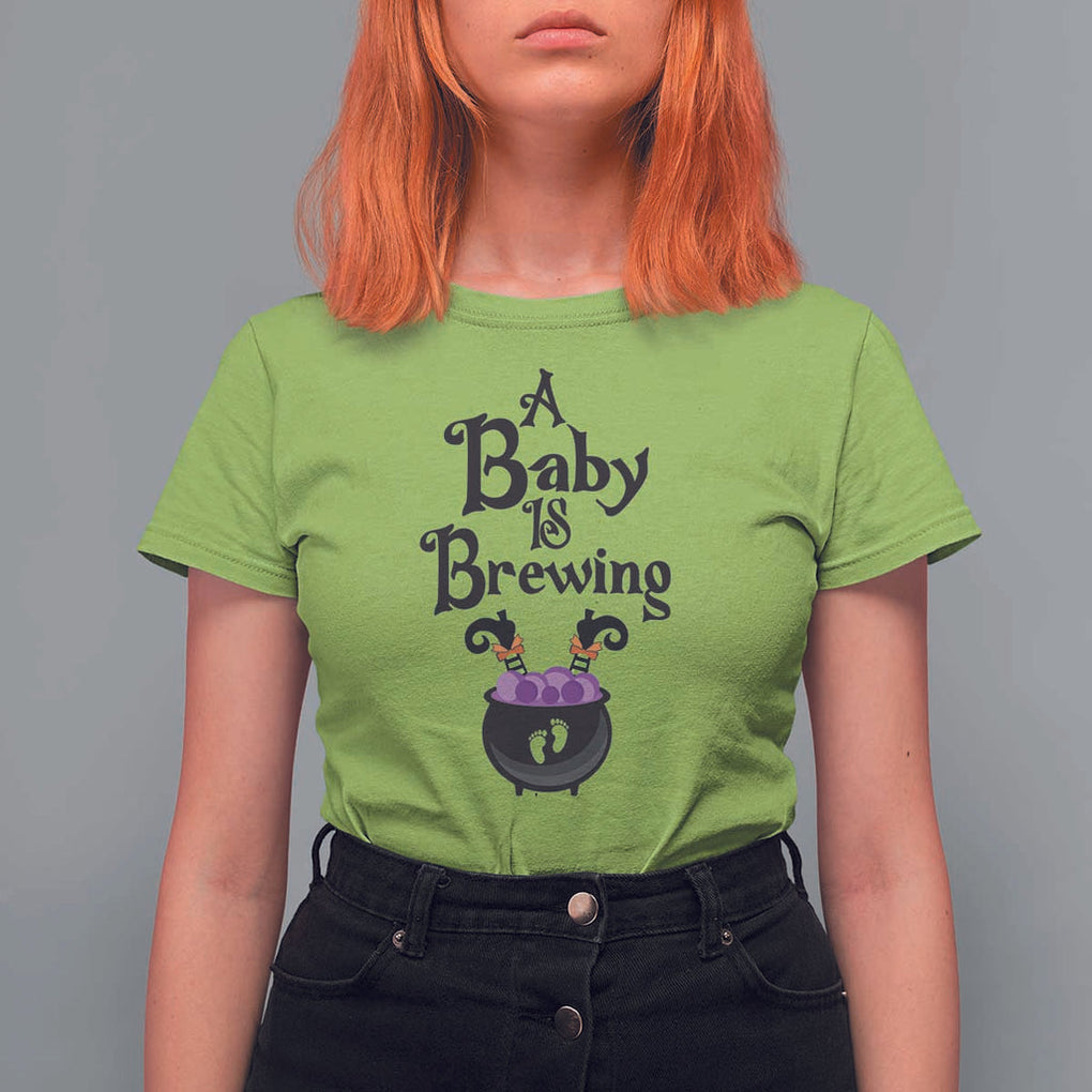 Funny Halloween Pregnancy Announcement T Shirt For Women A Baby Is Brewing Witch Cauldron Footprint Pregnant Baby TS11 Lime Print Your Wear
