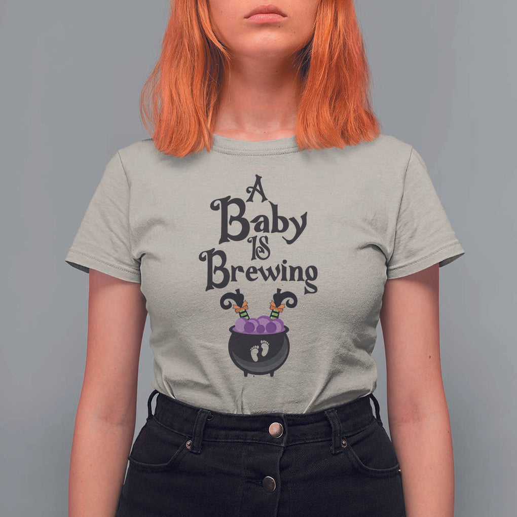 Funny Halloween Pregnancy Announcement T Shirt For Women A Baby Is Brewing Witch Cauldron Footprint Pregnant Baby TS11 Sand Print Your Wear