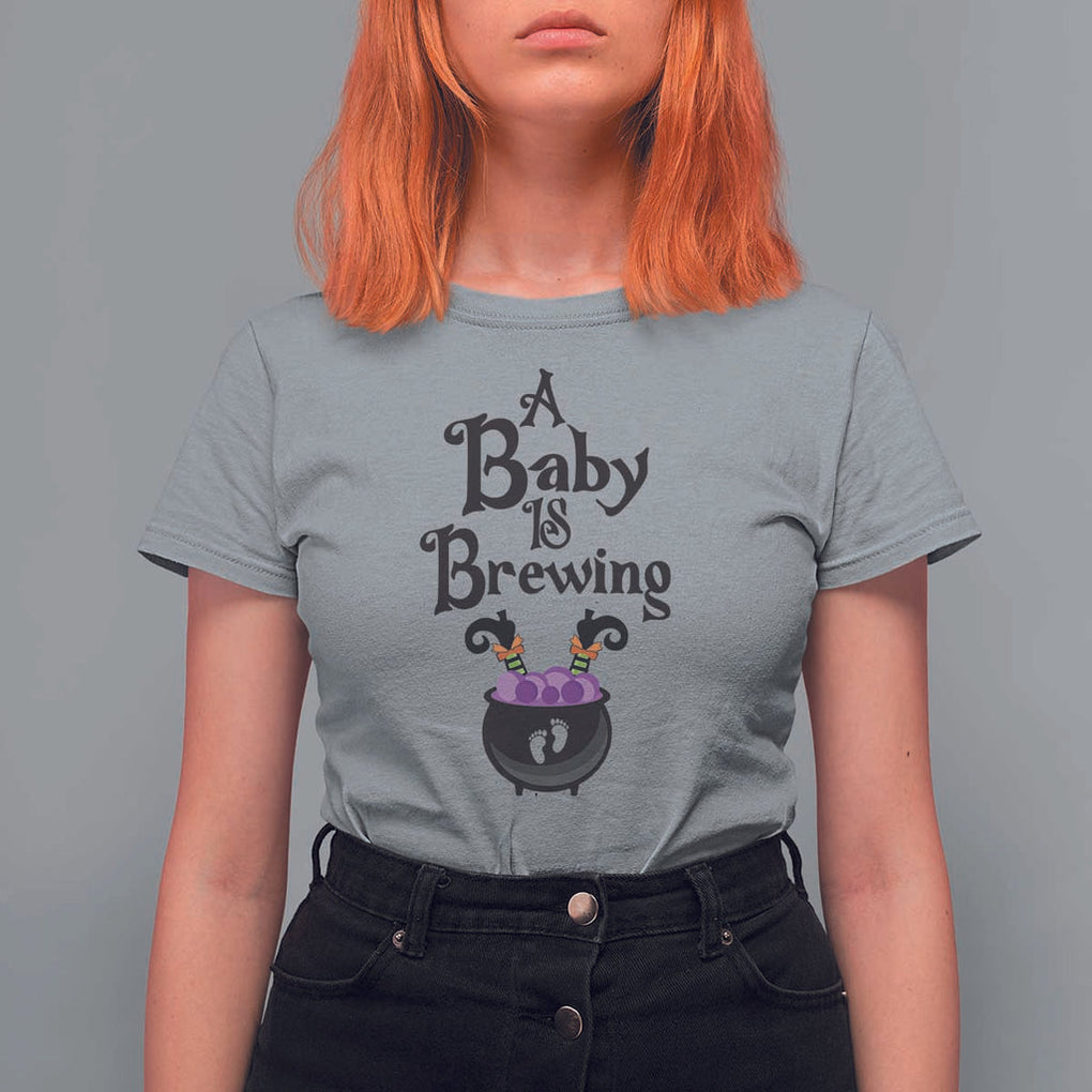 Funny Halloween Pregnancy Announcement T Shirt For Women A Baby Is Brewing Witch Cauldron Footprint Pregnant Baby TS11 Sport Gray Print Your Wear