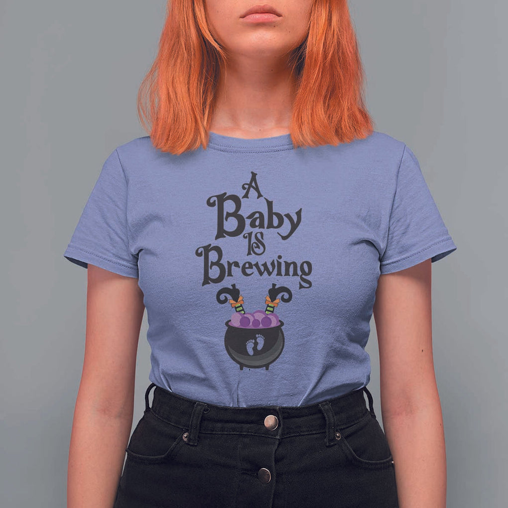Funny Halloween Pregnancy Announcement T Shirt For Women A Baby Is Brewing Witch Cauldron Footprint Pregnant Baby TS11 Violet Print Your Wear