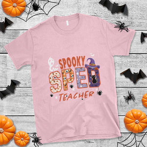 Spooky SPED Teacher T Shirt Special Education Teacher Halloween Witch Hat Cat Ghost TS11 Light Pink Print Your Wear
