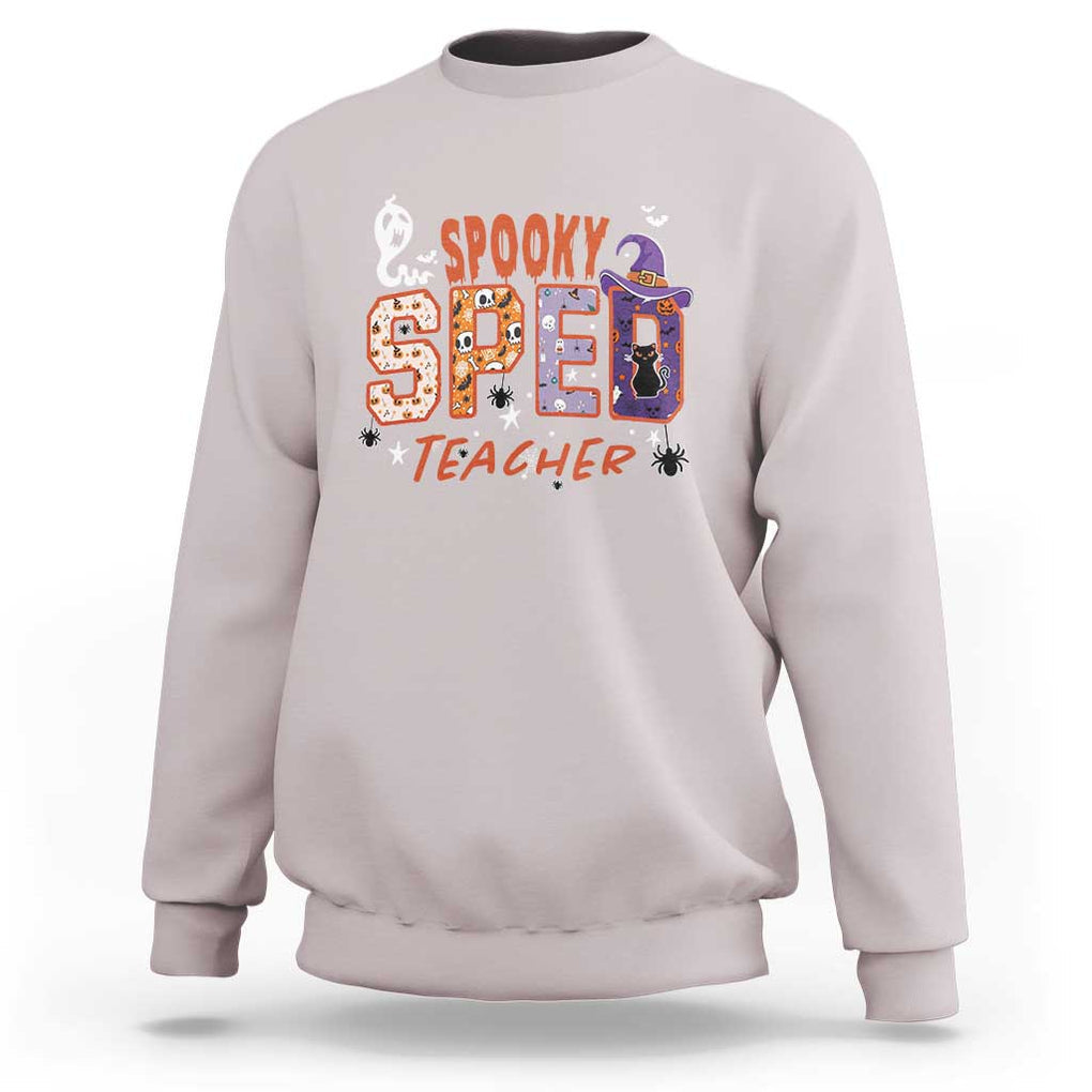 Spooky SPED Teacher Sweatshirt Special Education Teacher Halloween Witch Hat Cat Ghost TS11 Ice Gray Print Your Wear