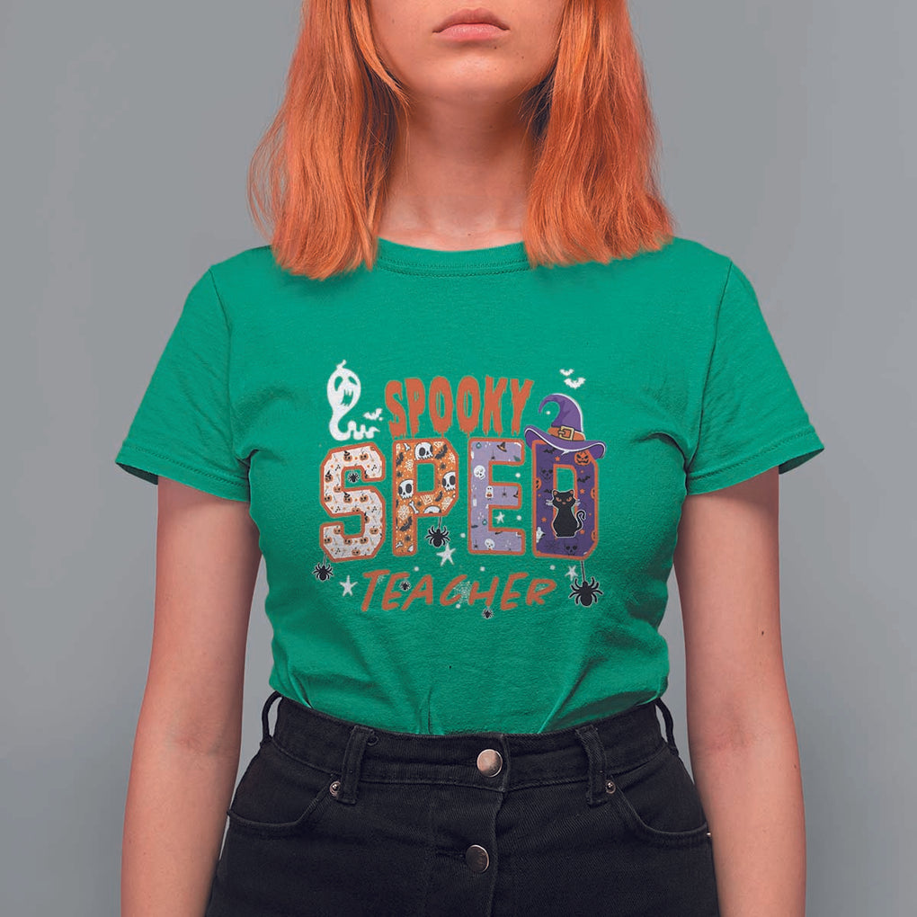 Spooky SPED Teacher T Shirt For Women Special Education Teacher Halloween Witch Hat Cat Ghost TS11 Irish Green Print Your Wear
