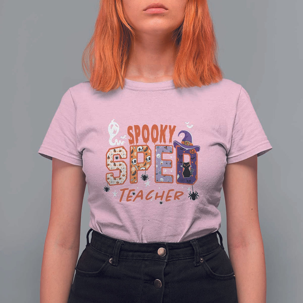 Spooky SPED Teacher T Shirt For Women Special Education Teacher Halloween Witch Hat Cat Ghost TS11 Light Pink Print Your Wear