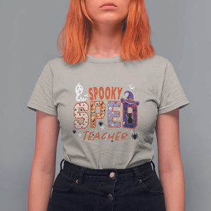 Spooky SPED Teacher T Shirt For Women Special Education Teacher Halloween Witch Hat Cat Ghost TS11 Sand Print Your Wear