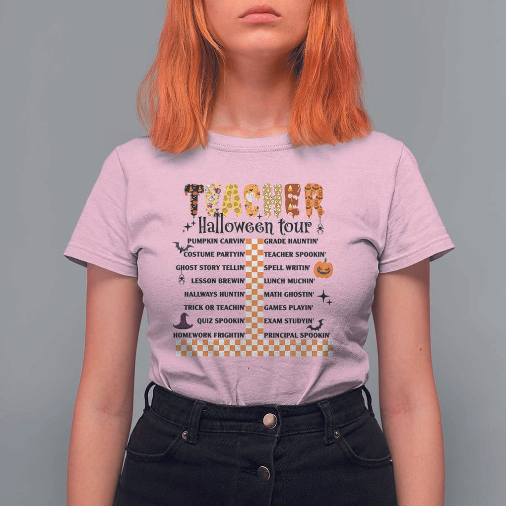 Funny Teacher Halloween Tour T Shirt For Women Spooky Teacher Activities Pumpkin Witch Hat Bat TS11 Light Pink Print Your Wear