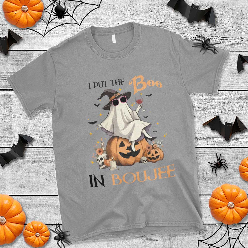 I Put The Boo In Boujee T Shirt Halloween Cute Lady Ghost Is Drinking Wine Pumpkin TS11 Sport Gray Print Your Wear