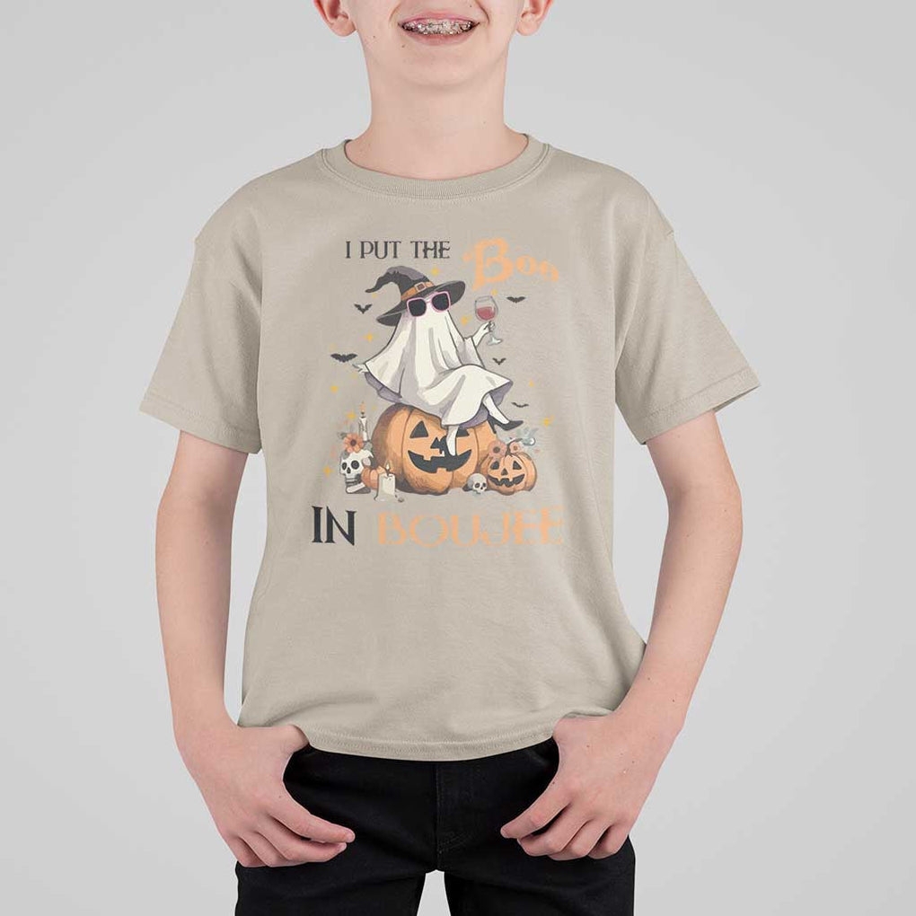 I Put The Boo In Boujee T Shirt For Kid Halloween Cute Lady Ghost Is Drinking Wine Pumpkin TS11 Sand Print Your Wear