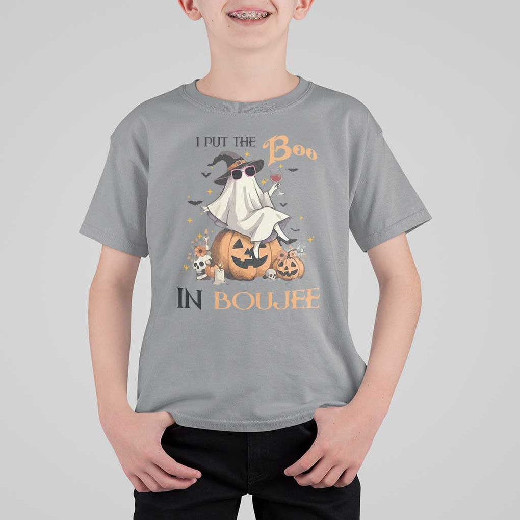 I Put The Boo In Boujee T Shirt For Kid Halloween Cute Lady Ghost Is Drinking Wine Pumpkin TS11 Sport Gray Print Your Wear
