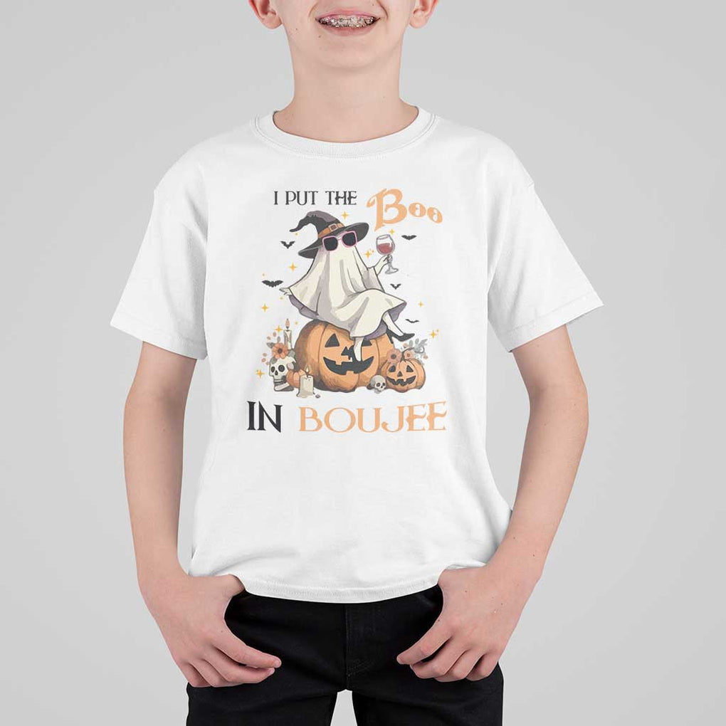 I Put The Boo In Boujee T Shirt For Kid Halloween Cute Lady Ghost Is Drinking Wine Pumpkin TS11 White Print Your Wear