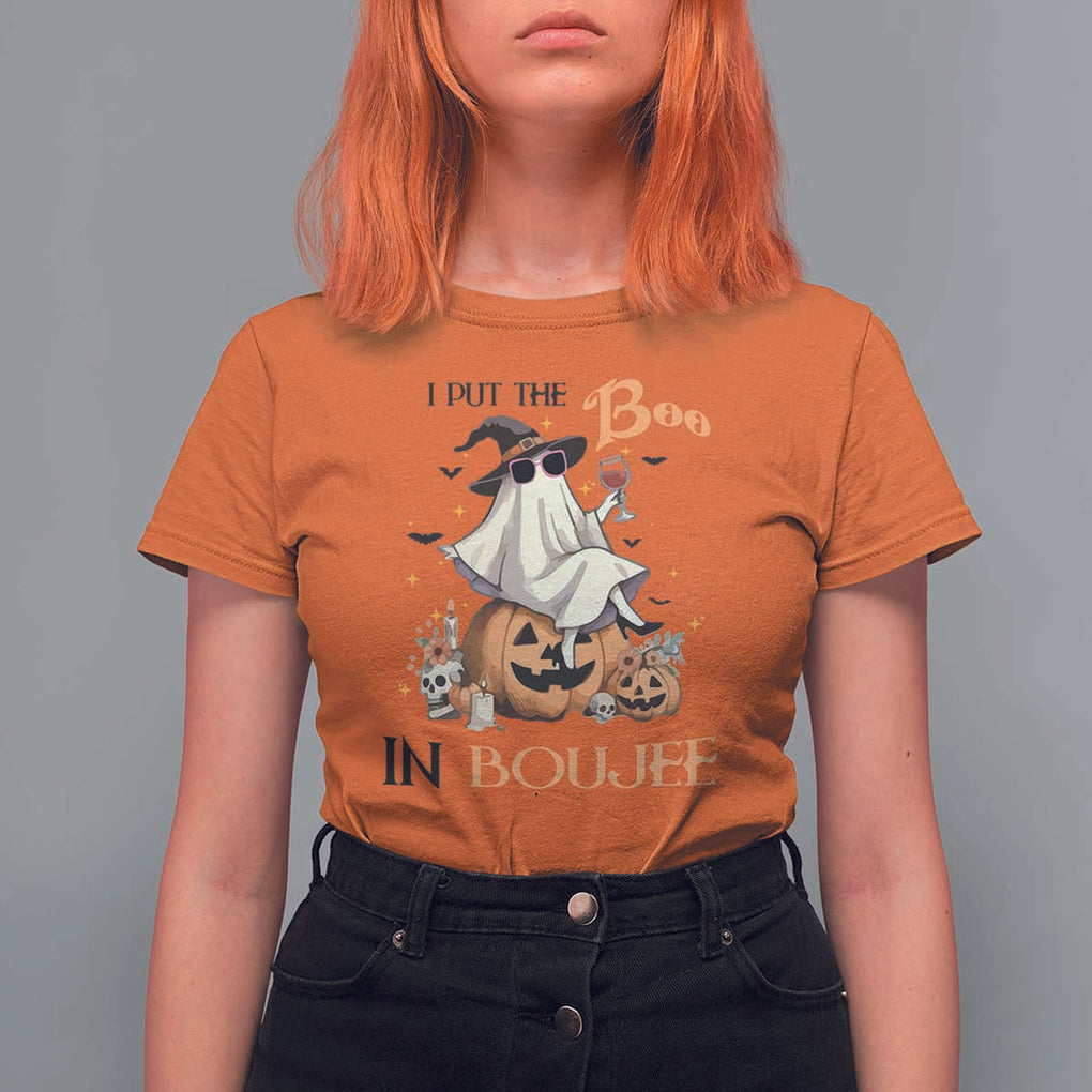 I Put The Boo In Boujee T Shirt For Women Halloween Cute Lady Ghost Is Drinking Wine Pumpkin TS11 Orange Print Your Wear