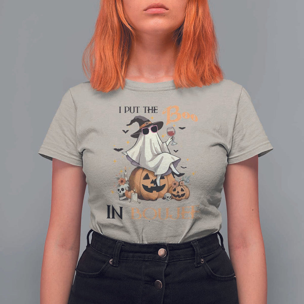 I Put The Boo In Boujee T Shirt For Women Halloween Cute Lady Ghost Is Drinking Wine Pumpkin TS11 Sand Print Your Wear