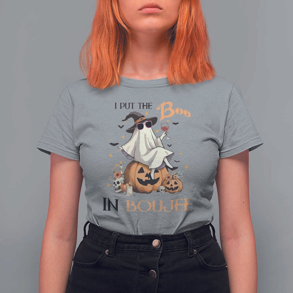 I Put The Boo In Boujee T Shirt For Women Halloween Cute Lady Ghost Is Drinking Wine Pumpkin TS11 Sport Gray Print Your Wear