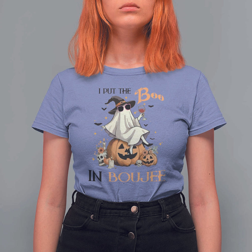 I Put The Boo In Boujee T Shirt For Women Halloween Cute Lady Ghost Is Drinking Wine Pumpkin TS11 Violet Print Your Wear