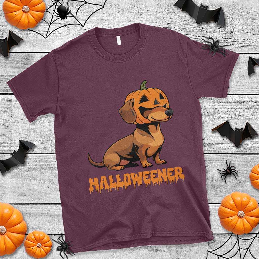 Funny Halloween Dachshund T Shirt Halloweener Pumpkin Wiener Dog TS11 Maroon Print Your Wear