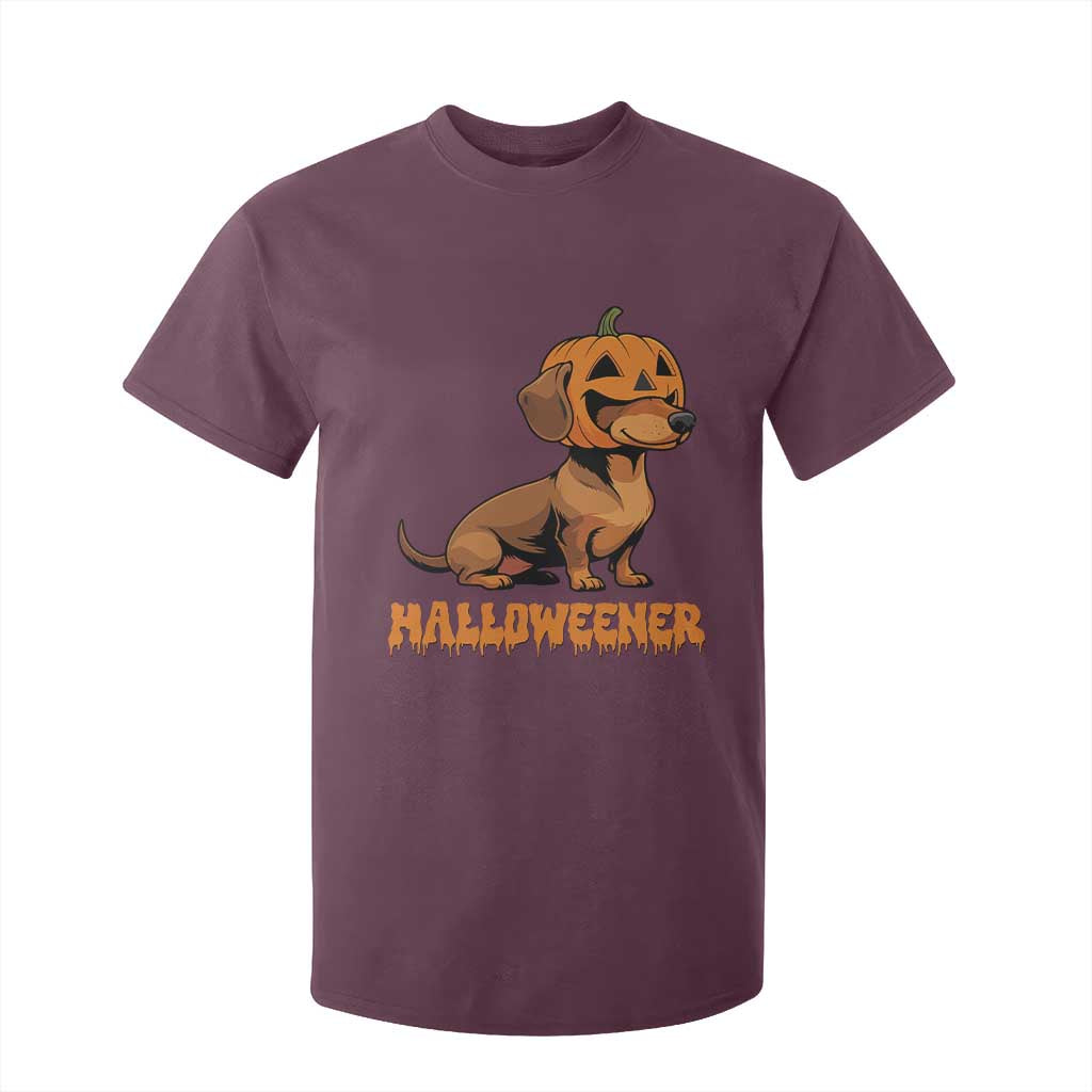 Funny Halloween Dachshund T Shirt For Kid Halloweener Pumpkin Wiener Dog TS11 Maroon Print Your Wear
