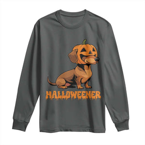 Funny Halloween Dachshund Long Sleeve Shirt Halloweener Pumpkin Wiener Dog TS11 Dark Heather Print Your Wear