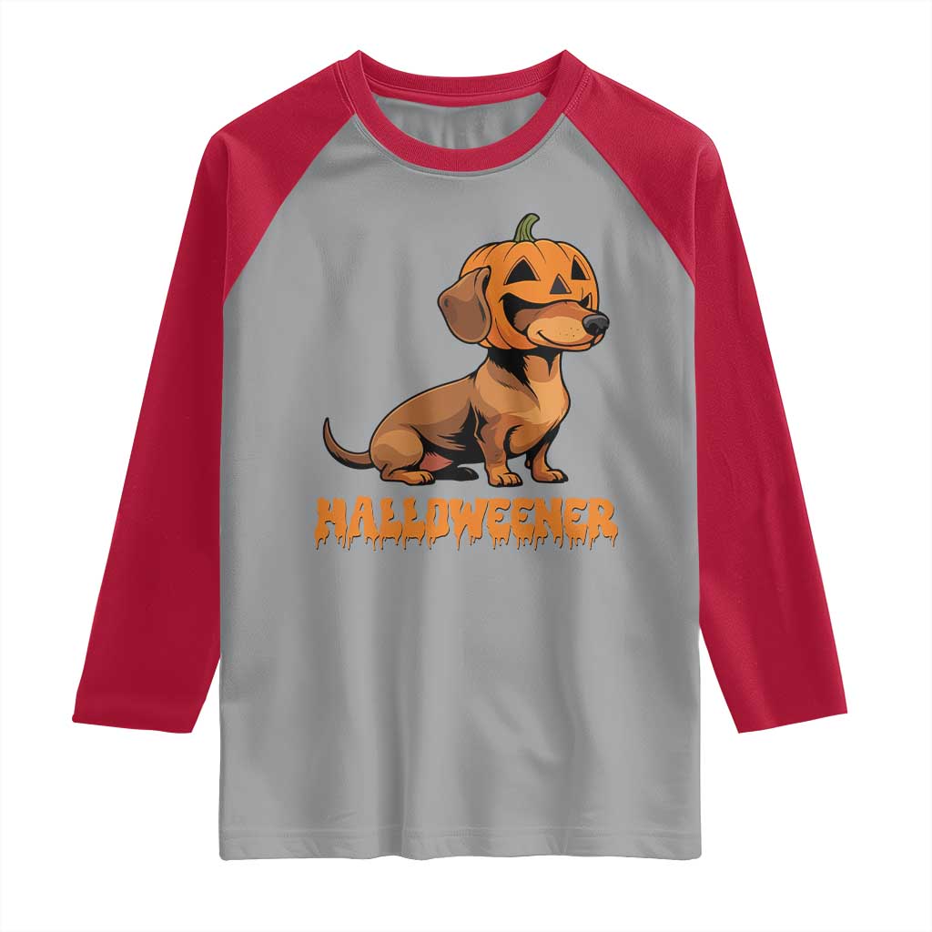Funny Halloween Dachshund Raglan Shirt Halloweener Pumpkin Wiener Dog TS11 Sport Gray Red Print Your Wear