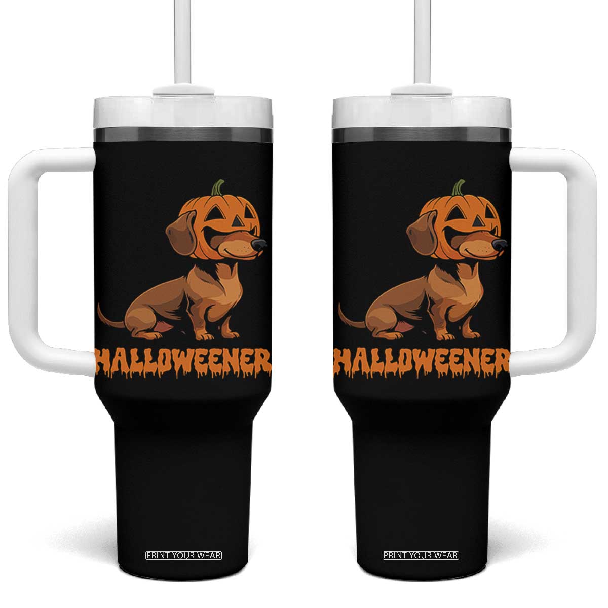 Funny Halloween Dachshund Tumbler With Handle Halloweener Pumpkin Wiener Dog TS11 One Size: 40 oz Black Print Your Wear